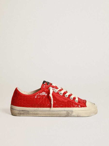 dirty shoe handmade v-star sneaker designer luxurious italian vintage red sequin with beige leather xx red grosgrain heel tab